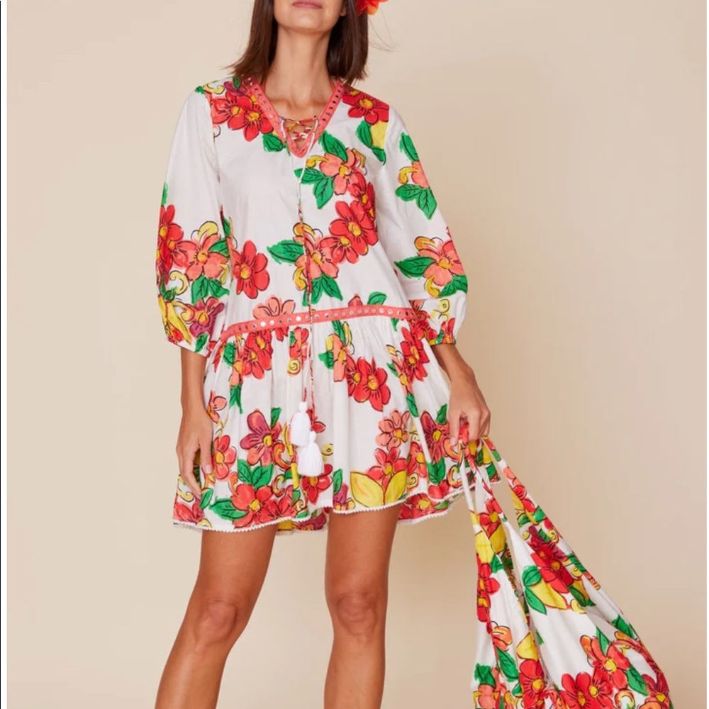 Moda Posa Floral Dress Printed Throw On Sundress in White Citrus Floral Size M
